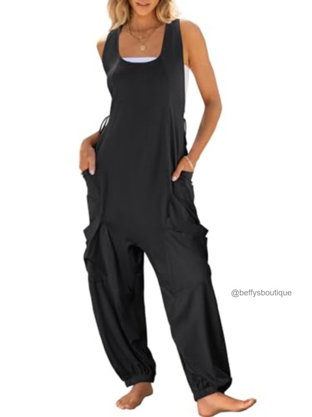 Sleeveless Loose Jumpsuit with Pockets Adjustable Spaghetti Straps Harem Pants
